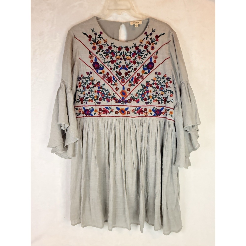 Umgee Women L Gray Boho Embroidered Flared Sleeve Mini Dress‎ Babydoll Keyhole